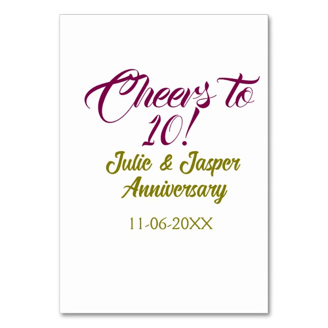 Tarjeta De Mesa Cheers to 10th wedding anniversary mauve golden na (Anverso)