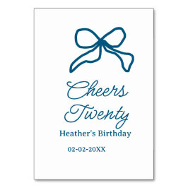 Tarjeta De Mesa Cheers twenty blue birthday bow name date boho ret