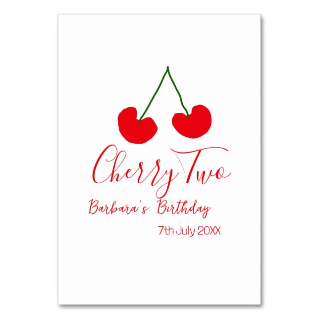 Tarjeta De Mesa Cherry two 2nd birthday red cherry kids simple  (Anverso)