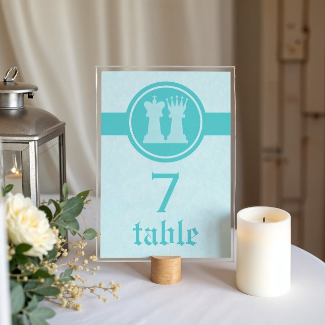 Tarjeta De Mesa Chess King and Queen Wedding Table Card, Aqua (Aqua Chess King and Queen Wedding Table Card)