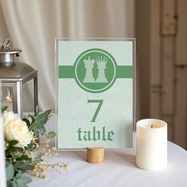 Tarjeta De Mesa Chess King and Queen Wedding Table Card, Green (Green Chess King and Queen Wedding Table Card)