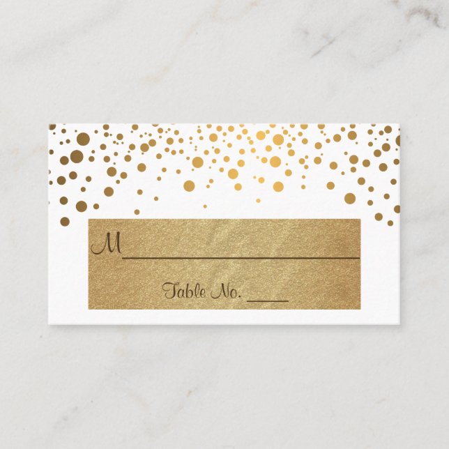 Tarjeta De Mesa Chevron blanco y dorado y puntos de confetti (Anverso)