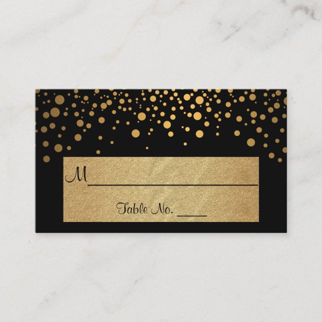 Tarjeta De Mesa Chevron negro y dorado y puntos de confetti (Anverso)