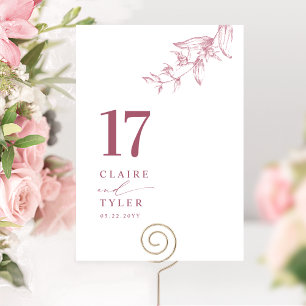 Tarjeta De Mesa Chic Minimal Botánico Borgoña, Boda Rosa
