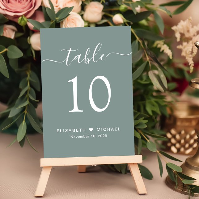 Tarjeta De Mesa Chic Script Sage Green Wedding Reception (Chic Script Sage Green Wedding Reception Table Number)