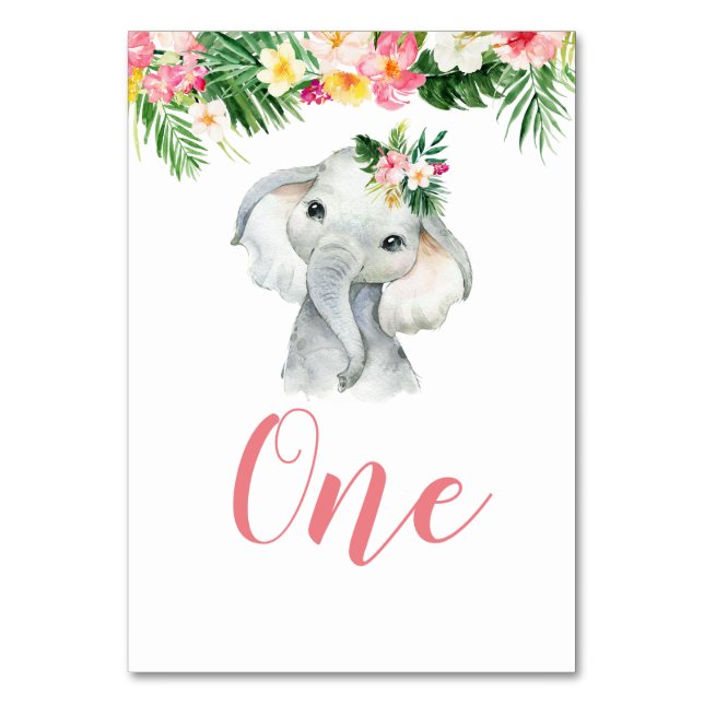 Tarjeta De Mesa Chica elefante tropical número de tabla Baby Showe (Anverso)
