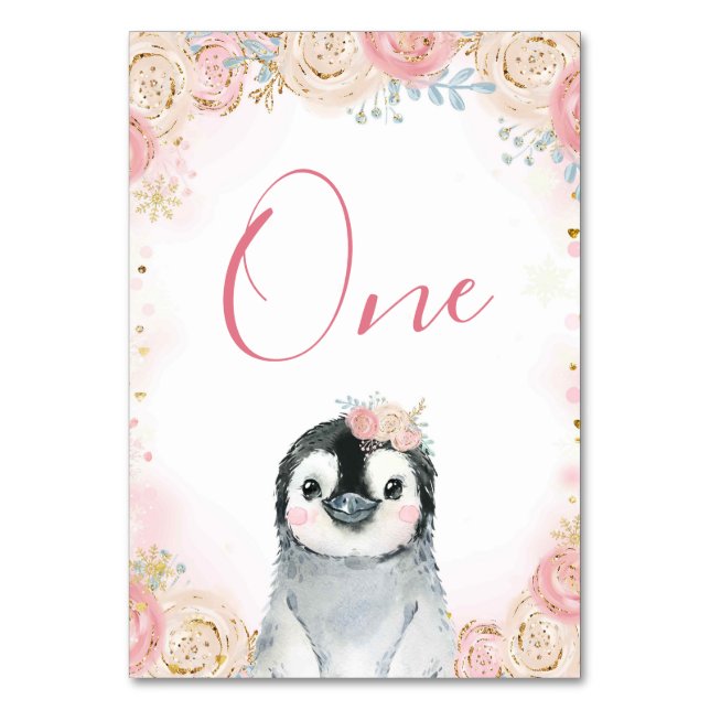 Tarjeta De Mesa Chica Penguin Winter Snowflake Tabla Número de Rót (Anverso)