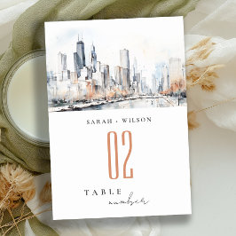 Tarjeta De Mesa Chicago, Illinois City Scape Watercolor Boda
