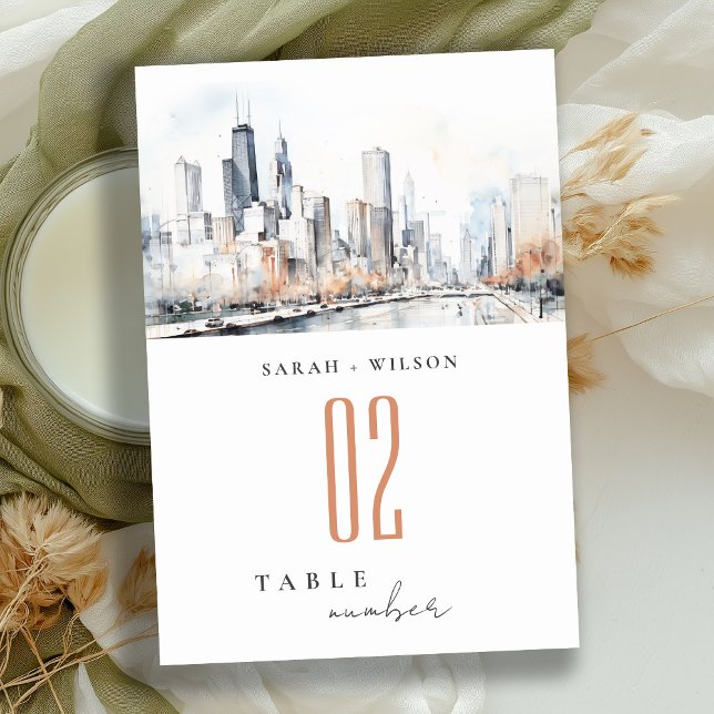 Tarjeta De Mesa Chicago, Illinois City Scape Watercolor Boda (Subido por el creador)