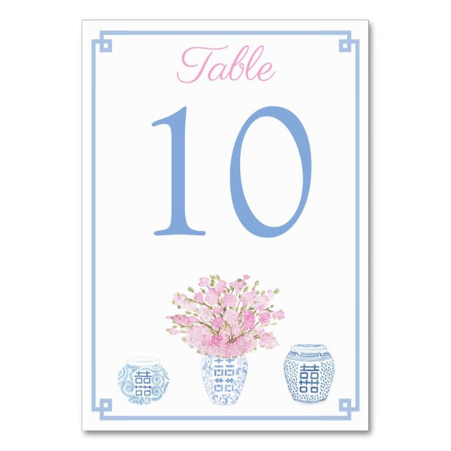 Tarjeta De Mesa Chinoiserie Azul y Rosa Baby Shower Almuerzo (Anverso)