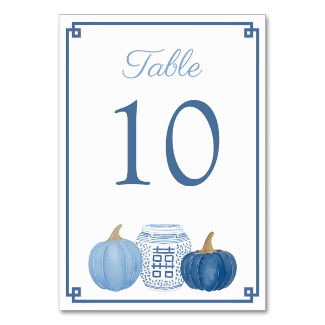 Tarjeta De Mesa Chinoiserie Bompkins Azul Y Blanco Boda Caída (Anverso)