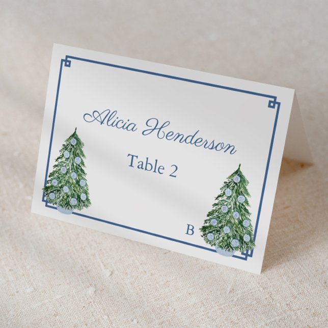 Tarjeta De Mesa Chinoiserie Christmas Tree Individual Place Card (Chinoiserie holidays tree with navy blue greek key border and print individual christmas place cards)
