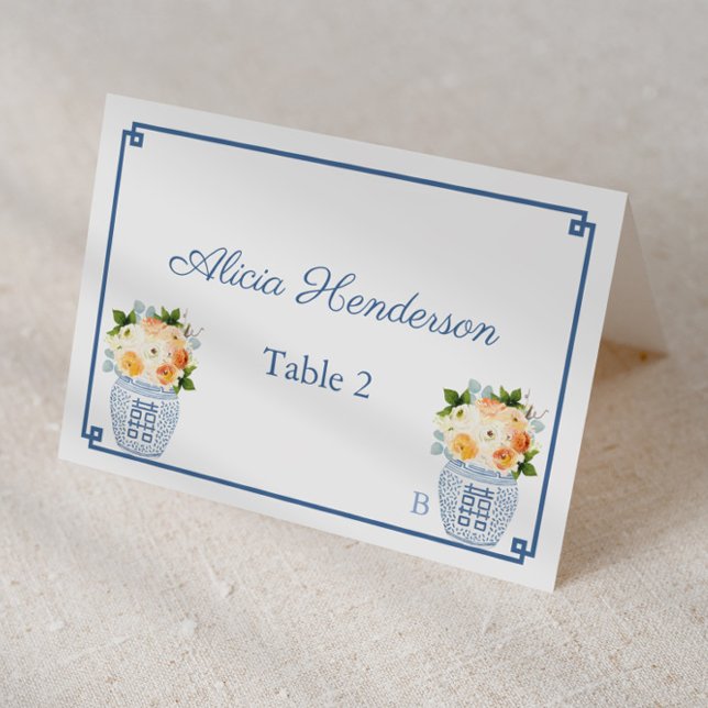 Tarjeta De Mesa Chinoiserie Moda Fall Flowers Boda Place Card (Blue and white ginger jars with fall flowers individual place cards)