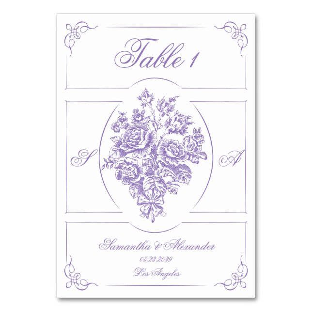 Tarjeta De Mesa Chinoiserie Rosas morados Bouquet Boda victoriano (Anverso)