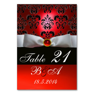 TARJETA DE MESA CINTA BLANCA, DAMASCO ROJO NEGRO MONOGRAMA
