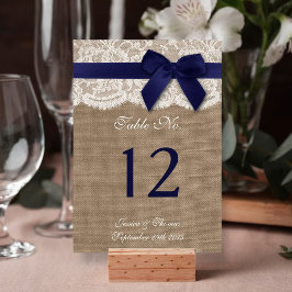 Tarjeta De Mesa Cinta Naval En Burlap & Lace Boda Número De Tabla