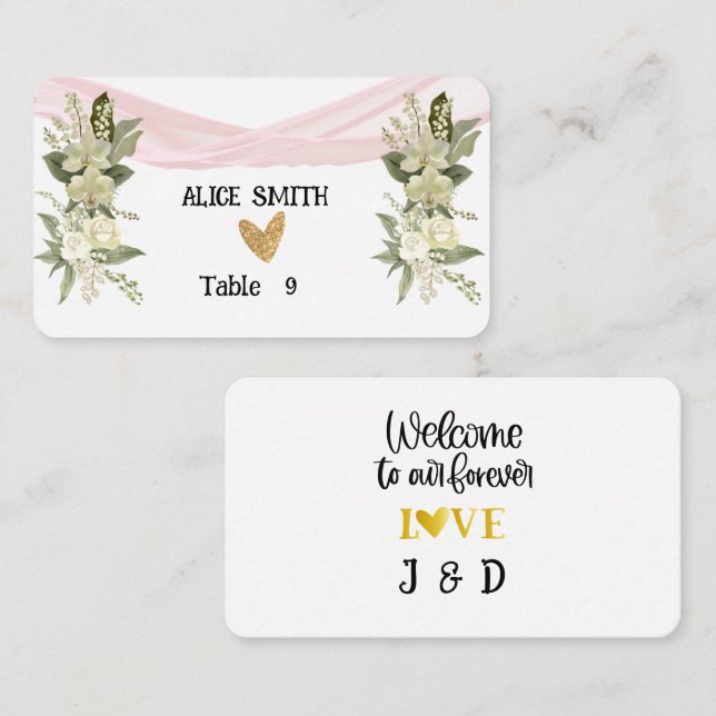 Tarjeta De Mesa Cinta rosa de bienvenida y rosa blanco (Anverso / Reverso)
