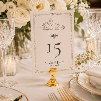 Tarjeta De Mesa Cisne Elegante | Boda con Estilo de Antiguo Dinero