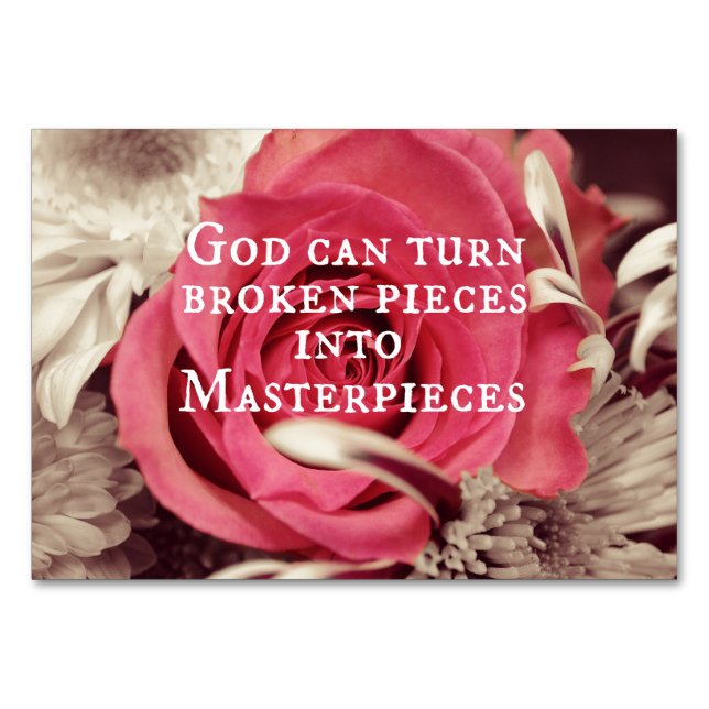 Tarjeta De Mesa Cita cristiana: Dios puede cambiar piezas rotas (Anverso)