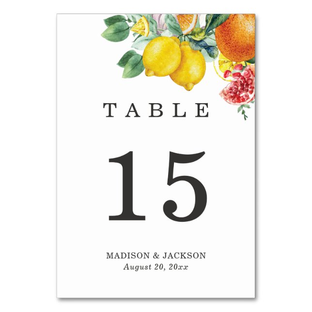 Tarjeta De Mesa Citrus Watercolor Boda Botánico (Anverso)