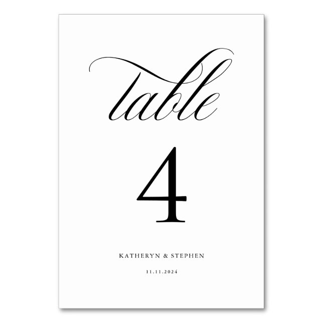 Tarjeta De Mesa Clásica Caligrafía Elegante Mesa de Bodas Número 4 (Anverso)