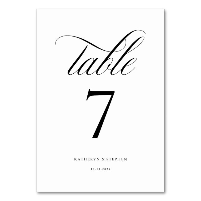 Tarjeta De Mesa Clásica Caligrafía Elegante Tabla de Bodas Número  (Anverso)