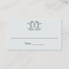 Tarjeta De Mesa Clásico Monograma Cresta Vintage Azul Boda