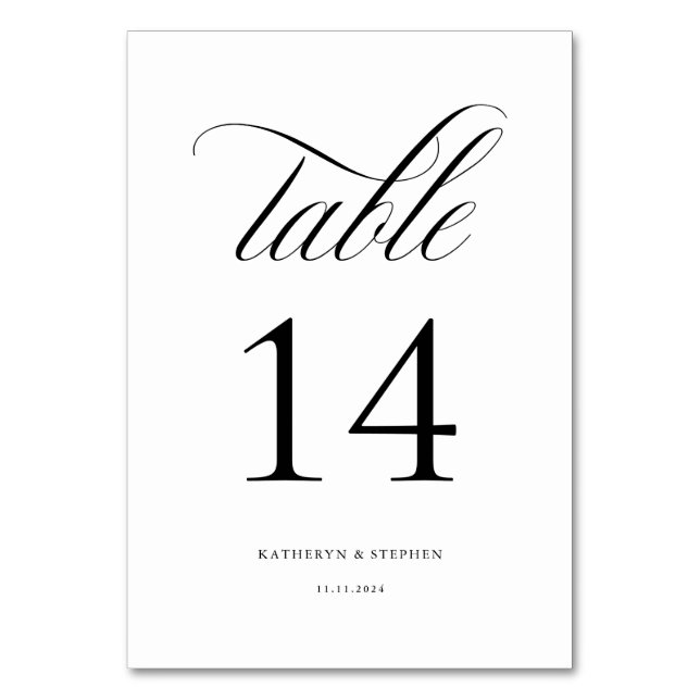 Tarjeta De Mesa Clásico Script Elegante Tabla de bodas número 14 (Anverso)