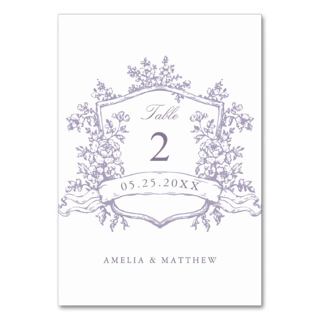 Tarjeta De Mesa Classic Floral Crest Lavender Wedding (Anverso)