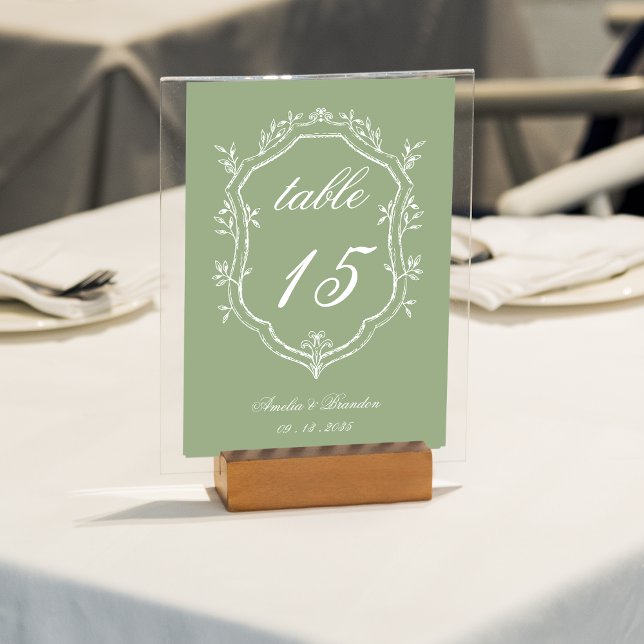 Tarjeta De Mesa Classic Sage Green & White Floral Crest Wedding (Subido por el creador)