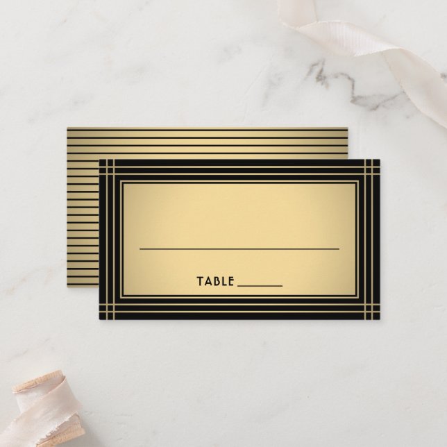 Tarjeta De Mesa Classic Striped Border Chic Black & Gold Escort / (Anverso/Reverso In Situ)