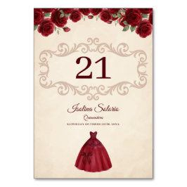 Tarjeta De Mesa Classy Quinceanera Red Roses Floral Burgundy 