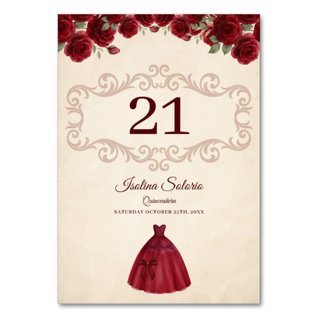 Tarjeta De Mesa Classy Quinceanera Red Roses Floral Burgundy  (Anverso)