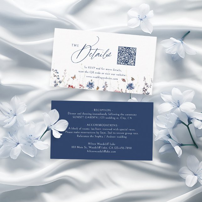 Tarjeta De Mesa Código QR de Detalles Mini Flor Silvestre Rústica  (Navy Rustic Wildflower QR Code Mini Details Place Card)