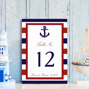 Tarjeta De Mesa Colección de Bodas de Anchor Náutico Rojo y Marina