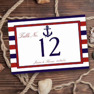 Tarjeta De Mesa Colección de Bodas de Anchor Náutico Rojo y Marina