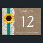 Tarjeta De Mesa Colección de Bodas de girasol rústico - Verde azul<br><div class="desc">La colección rústica de girasoles es un impresionante diseño con un bonito efecto rústico de burrega con un romántico efecto de encaje blanco vintage con un impresionante girasol y una verde azulada cinta verde. Estas tarjetas de número de mesa se pueden personalizar para su ocasión especial y harían de la...</div>