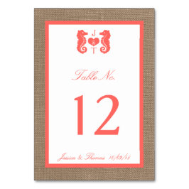 Tarjeta De Mesa Colección de Bodas de Playa Coral Seahorse Burlap