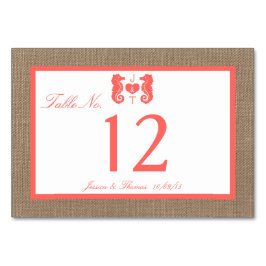 Tarjeta De Mesa Colección de Bodas de Playa Coral Seahorse Burlap