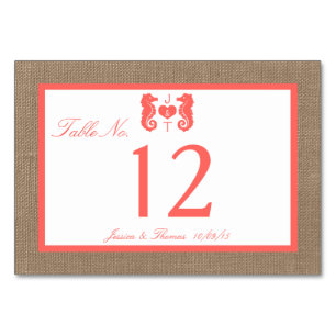 Tarjeta De Mesa Colección de Bodas de Playa Coral Seahorse Burlap