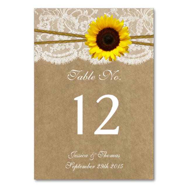 Tarjeta De Mesa Colección de Bodas Kraft, Lace & Sunflower (Anverso)
