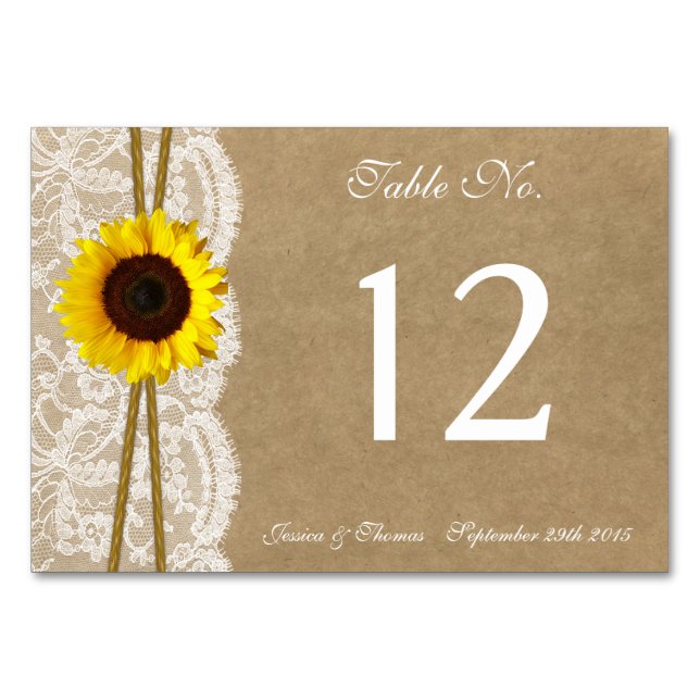 Tarjeta De Mesa Colección de Bodas Kraft, Lace & Sunflower (Anverso)
