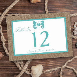 Tarjeta De Mesa Colección de Bodas Turquoise Seahorse Burlap Beach