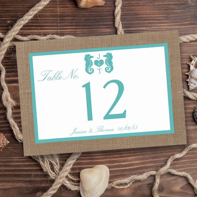 Tarjeta De Mesa Colección de Bodas Turquoise Seahorse Burlap Beach (Subido por el creador)