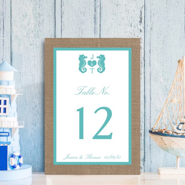 Tarjeta De Mesa Colección de Bodas Turquoise Seahorse Burlap Beach (Subido por el creador)