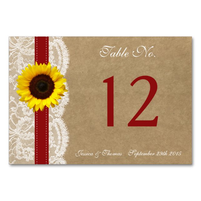 Tarjeta De Mesa Colección Kraft, Lace & Sunflower - Rojo (Anverso)