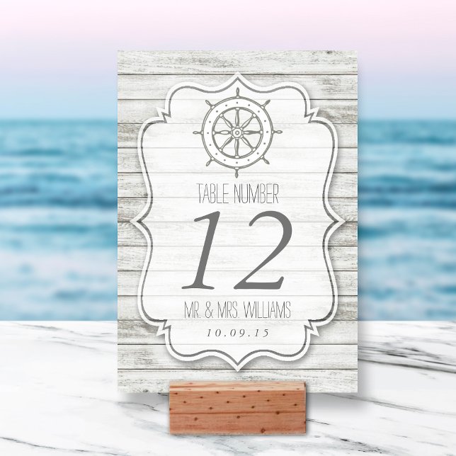 Tarjeta De Mesa Colección Nautical Whitewashed Wood Beach Wedding (Subido por el creador)