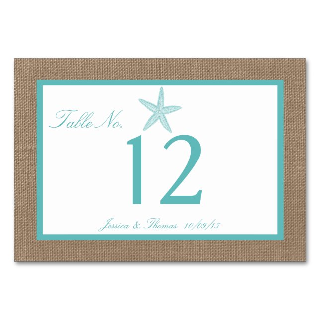 Tarjeta De Mesa Colección Turquoise Starfish Burlap Beach Wedding (Anverso)