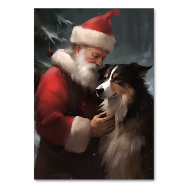 Tarjeta De Mesa Collie fronterizo con Navidades festivos de Santa  (Anverso)
