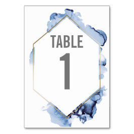 Tarjeta De Mesa Color de agua azul Boda de cuadro dorado número de